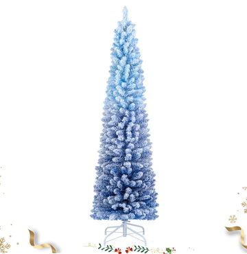6 FT Pre-lit Flocked Pencil Christmas Tree Blue Slim Artificial Xmas Tree with 435 Branch Tips, 220 Warm White LED