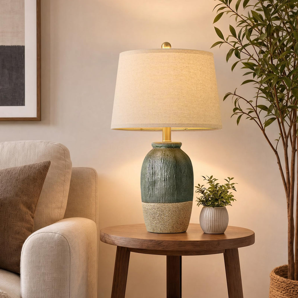 22.5" Green Ceramic Table Lamps, Boho Nightstand Lamp