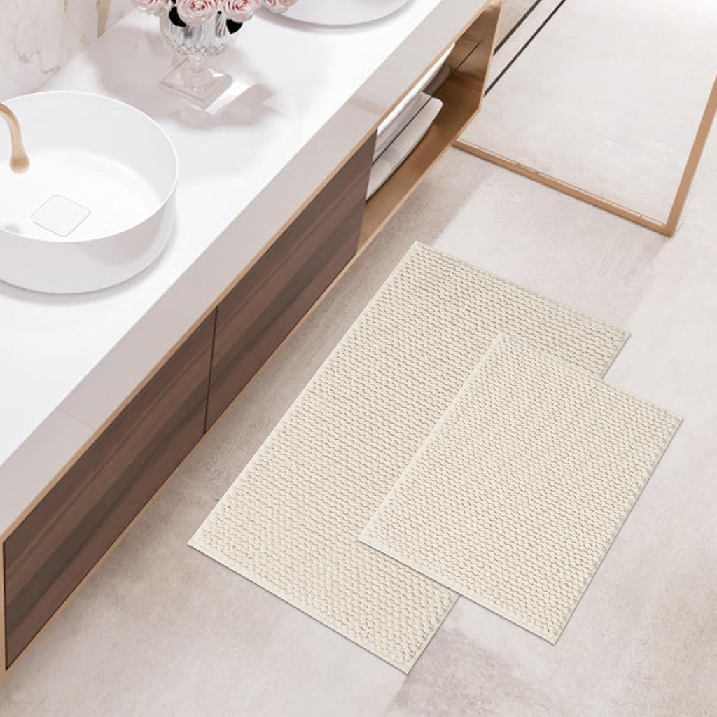 Chenille Bath Rugs Set 2 Pieces, Cream White, 17''x24''+20''x32'' | Non-Slip Bathroom Mats Set, Absorbent Fiber