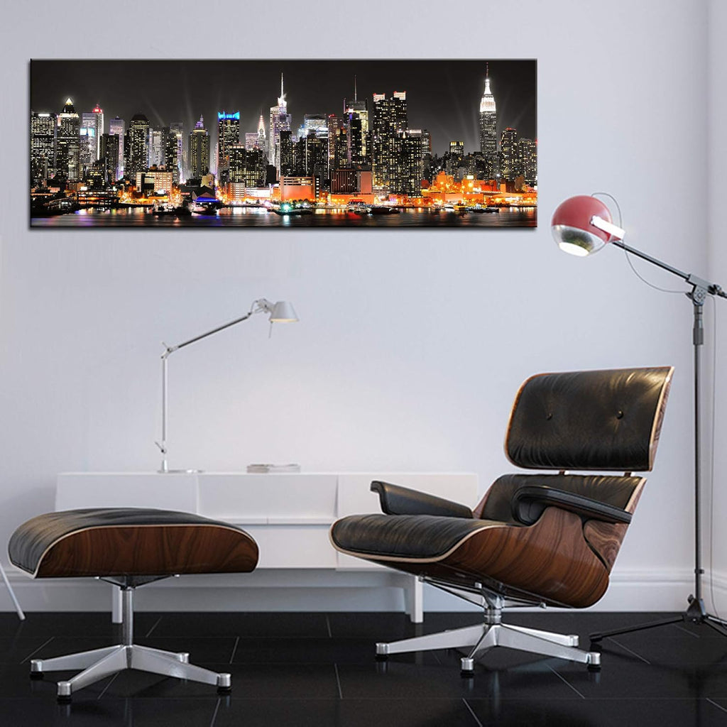 New York City Canvas Wall Art Manhattan Skyline at Night Picture Prints Framed NYC Skyline Landscape Artwork Modern