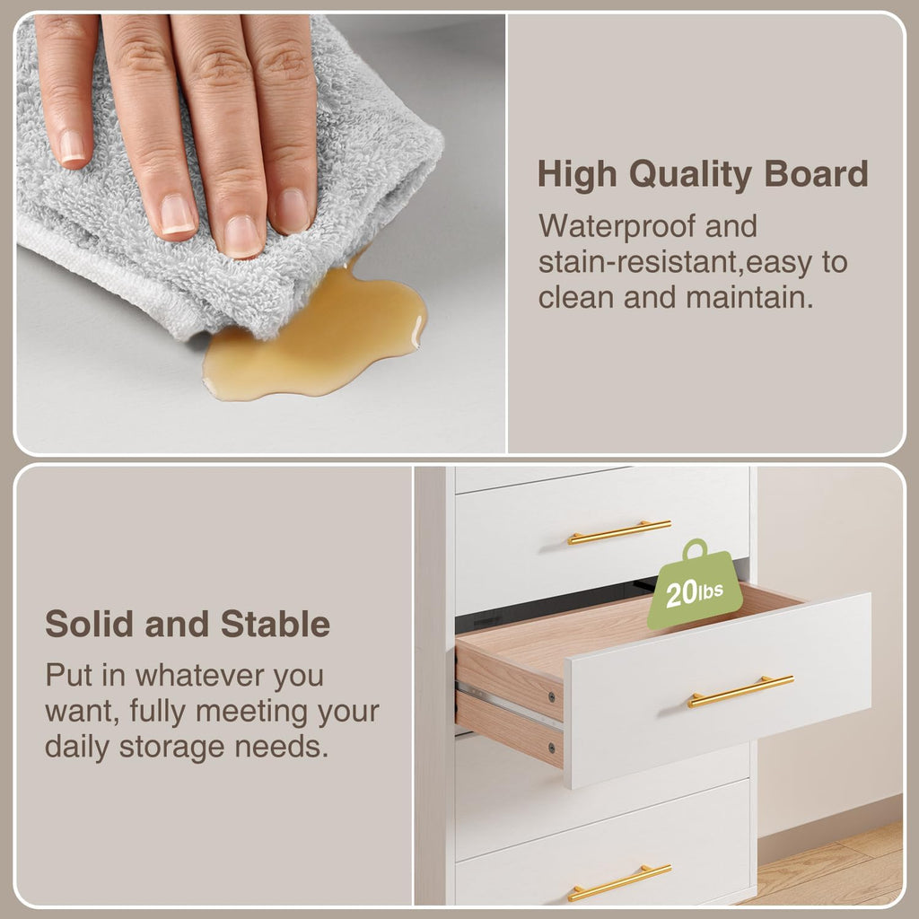 5 Drawer Dresser, Tall Dresser, White | Wood Dresser with Metal Handles for Organized Storage s, Hallways or Entryways