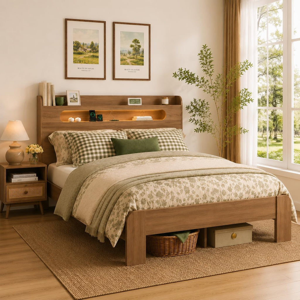 Wooden Queen Bed Frame with Storage Headboard, Farmhouse Platform
