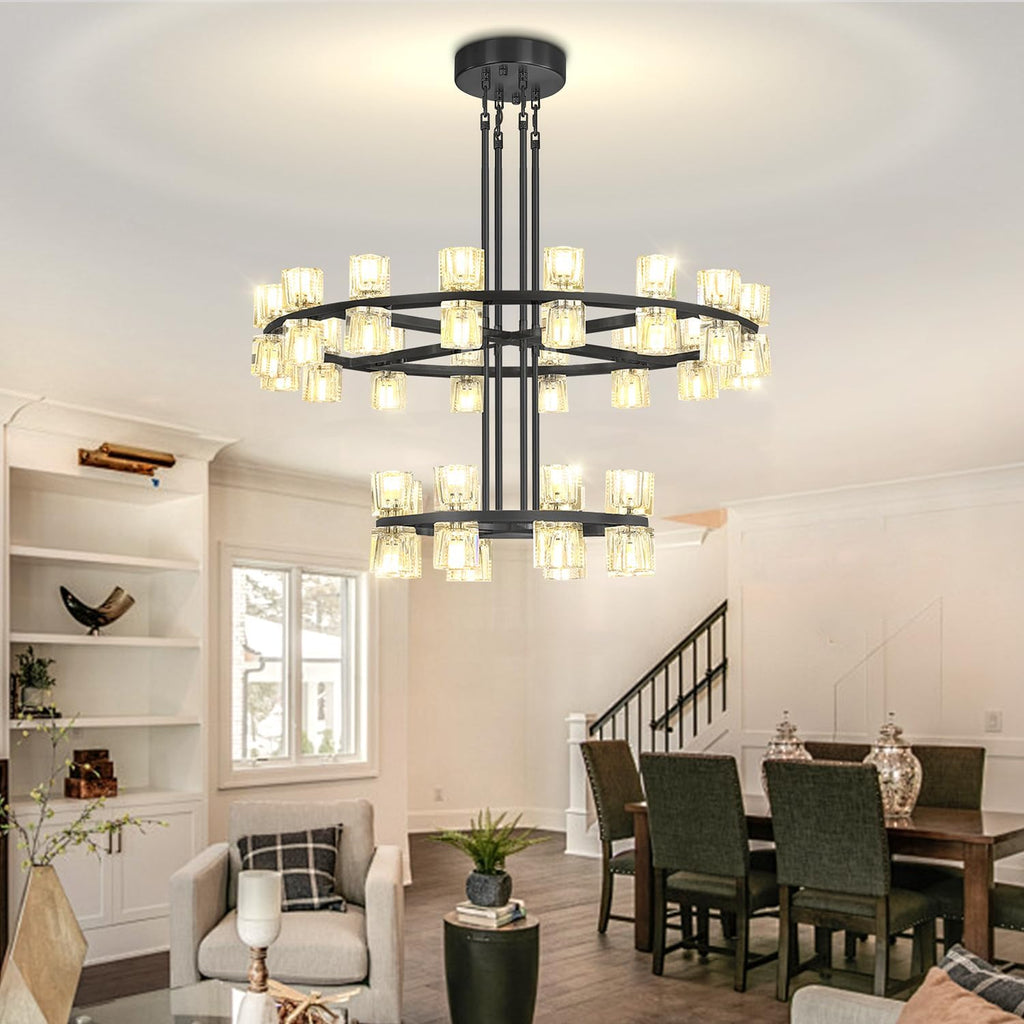 Inspired Arcachon Style 2-Tier Round Wagon Wheel Chandelier, 16" + 32" 48-Light Black — Foyer, Great Room & Dining