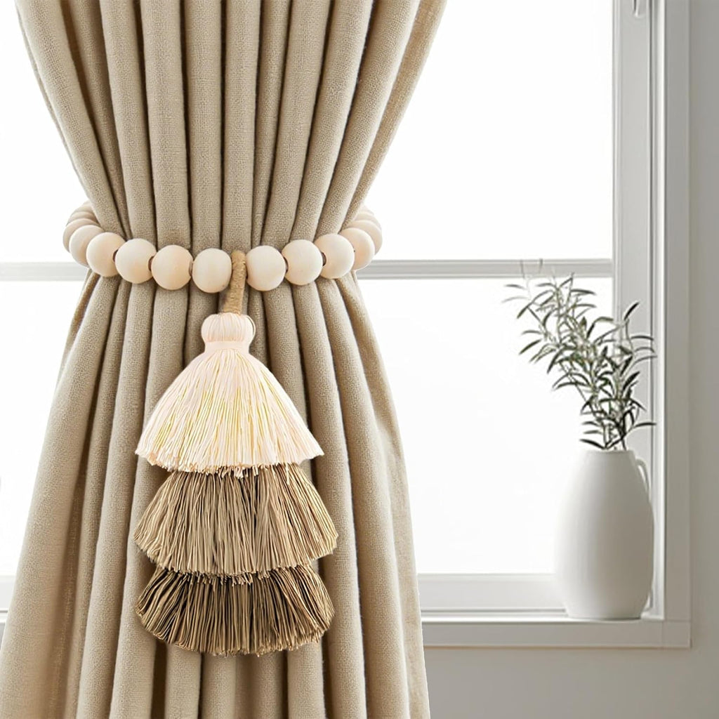 Magnetic Curtain Tiebacks with Wood Beads, Boho Rope Drapery Holdbacks with Triple Tassels, No Drill Curtain Holders