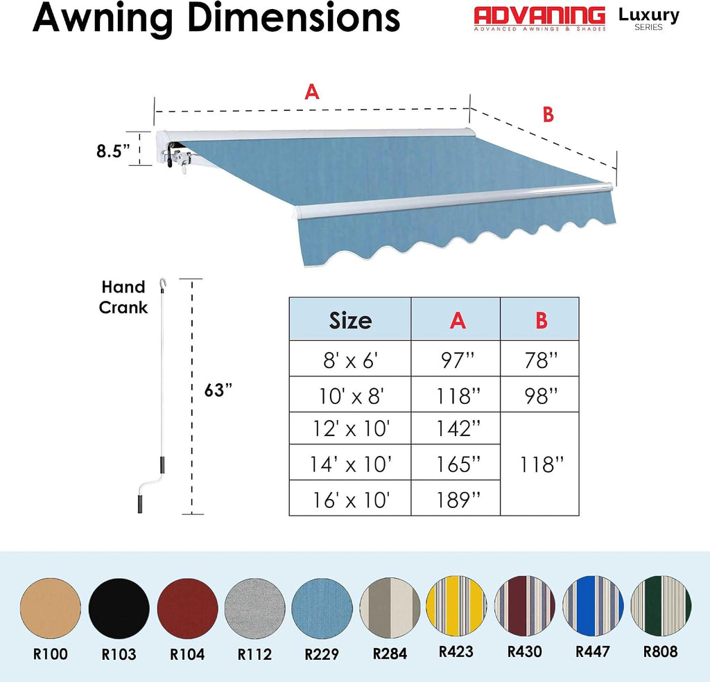 Luxury Series, 16'x10' Electric Retractable Awning, Premium Quality Fully Assembled UV+ Sun Shade Canopy, Cerulean