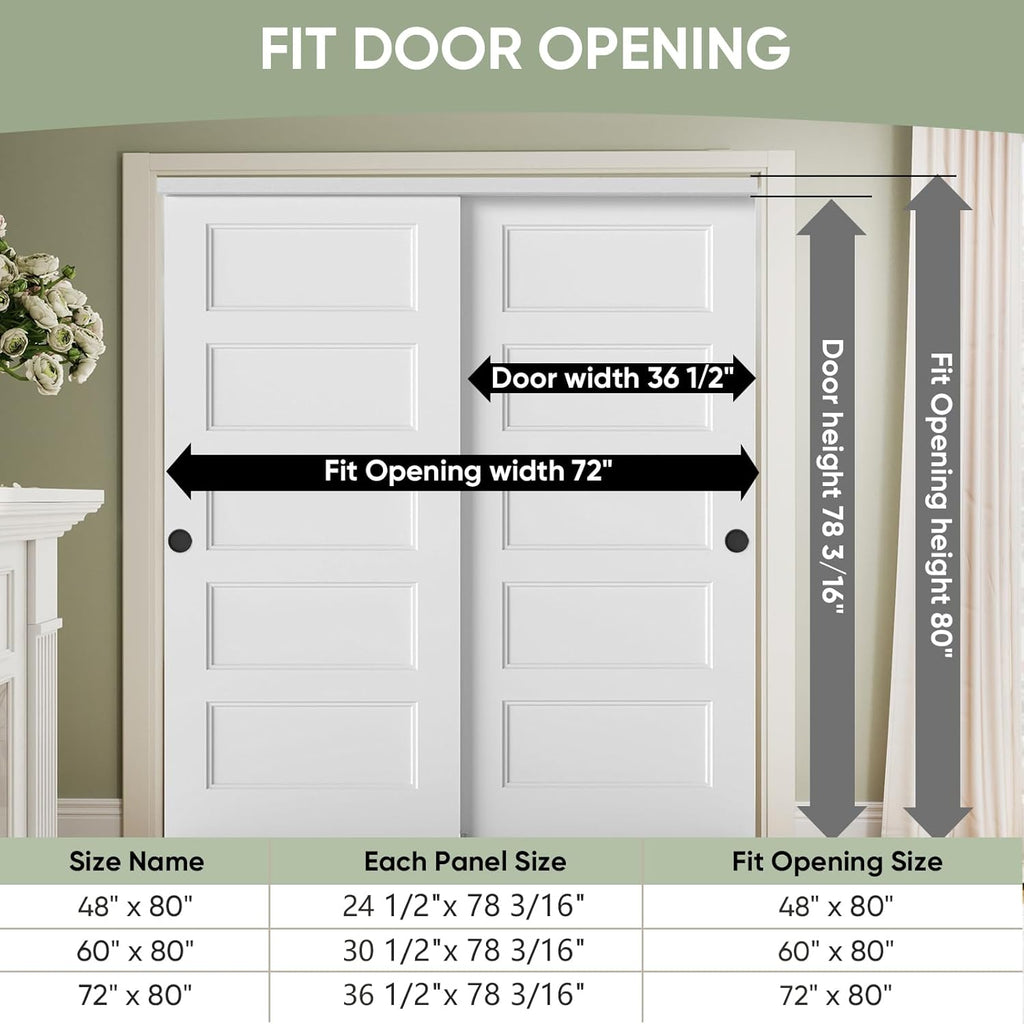 72x80 in 5-Panel Bypass Sliding Closet Door, White Primed Door Slab with Bypass Closet Track Hardwar