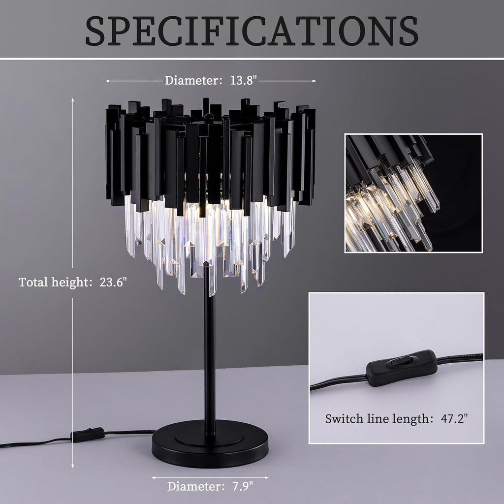 Black Crystal Table Lamp,3 Lights Table Lamps,Black Bedside Nightstand Lamps,Small Decorative Desk Lamp Room,Metal Base