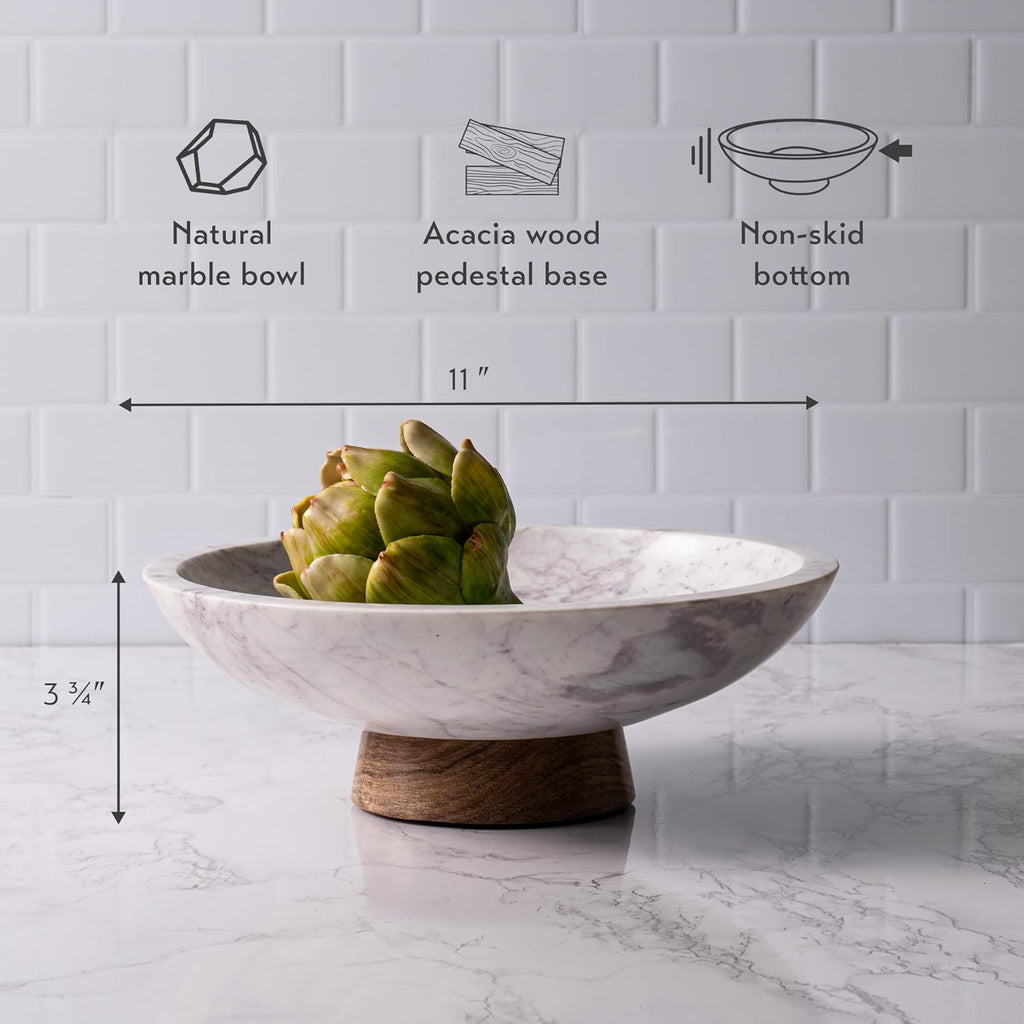 Marble Decorative Bowl with Acacia Wood Pedestal, 11 Inch | Handcrafted Natural Stone Fruit Bowl , Potpourri, Catch