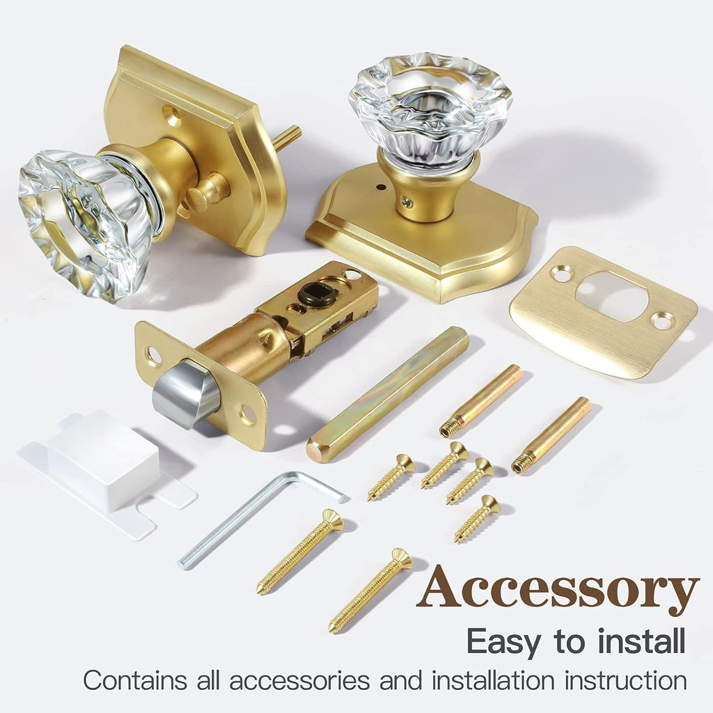 Premium Glass Door Knobs, Bathroom Bedroom Door Knobs with Lock, Privacy Gold Door Knob Interior, Satin Brass