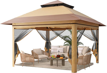13x13 Pop Up Gazebo, Instant Outdoor Gazebo with Mosquito Netting, Vented Roof and Carry Bag - Beige & Coffee