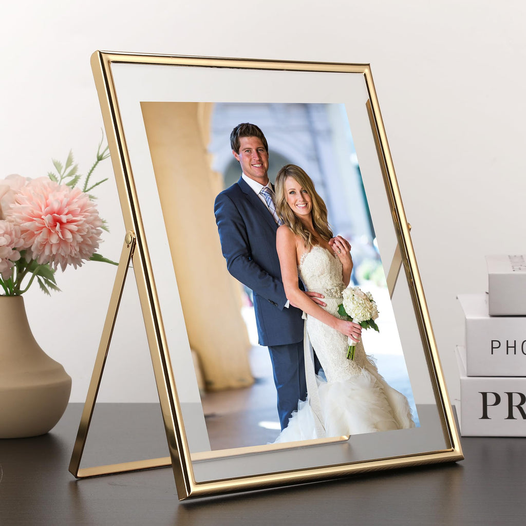 Gold 8x10 Floating Frame 2 Pack, For Photo Sizes(4x6'', 5x7'', 6x8'') Adjustable Tabletop/Shelf Floating Picture Frame