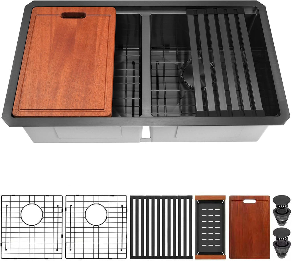 Black Undermount Kitchen Sink, 32 Inch Double Bowl Sink | Black Stainless Steel Kitchen Sink, 32" x 18" T304 16 Gauge