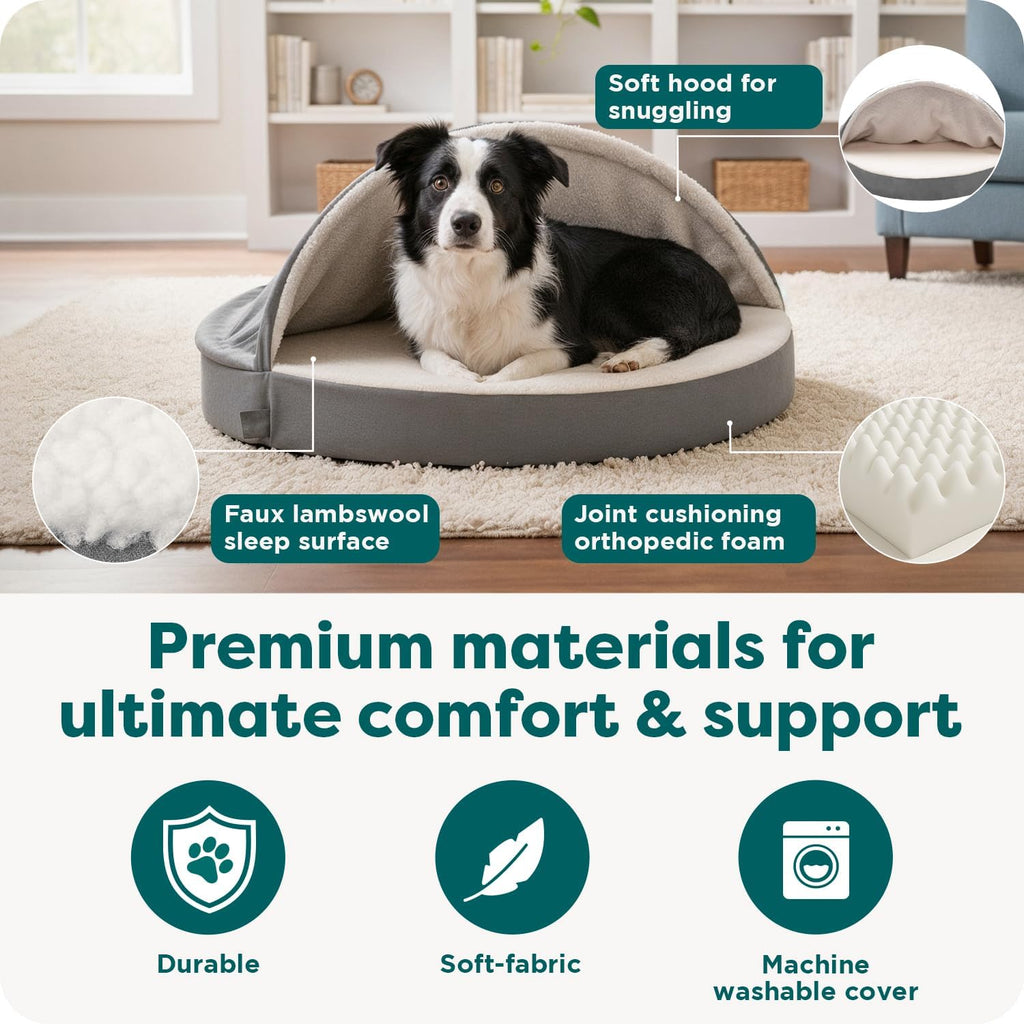 Round Orthopedic Dog Bed for Large Dogs, Egg Crate with a Solid Orthopedic Foam Base with Attached Blanket Hood and Removable Washable Cover, Large, Sherpa & Suede Snuggery, Gray