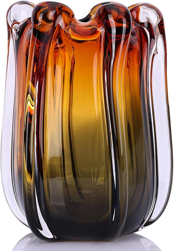 Large Hand Blown Glass Vase, Unique Amber Gradient Colored Decorative Vase, Murano Style Modern Art Decor, Heavy Wide