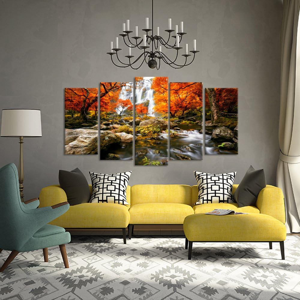 Autumn Forest Waterfalls 5 Piece Modern Wrapped Giclee Canvas Prints Artwork Landscape Tree Paintings Pictures on