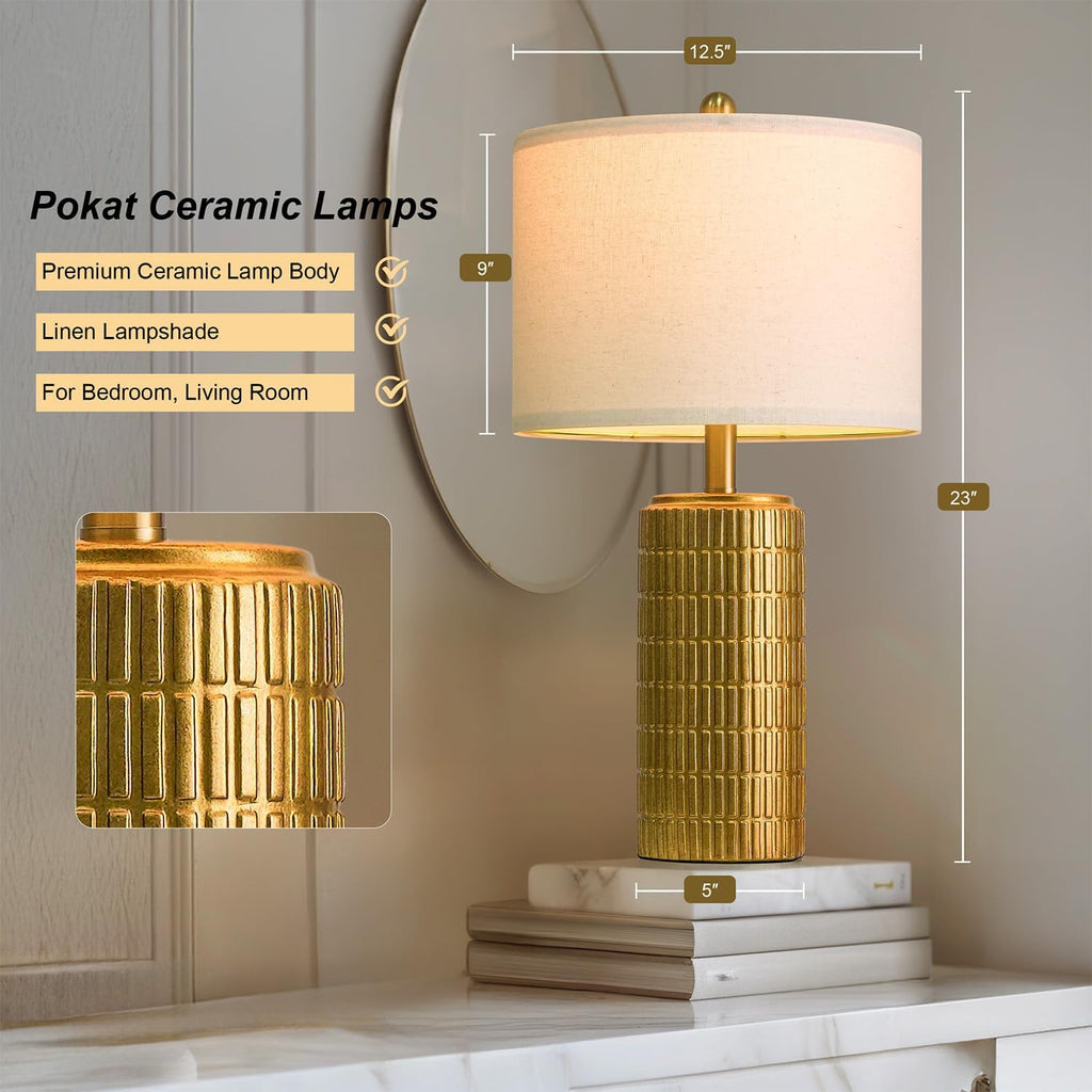 23" Brass Gold Ceramic Table Lamps, Retro Warm Gold Lamps, Vintage Bronze Decorative Lamps