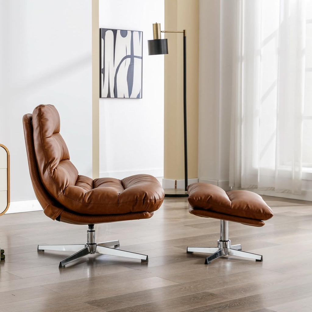 Swivel Accent Chair with Ottoman, Mid Century Modern Faux Leather Lounge Chair with footrest, Comfy Oversized