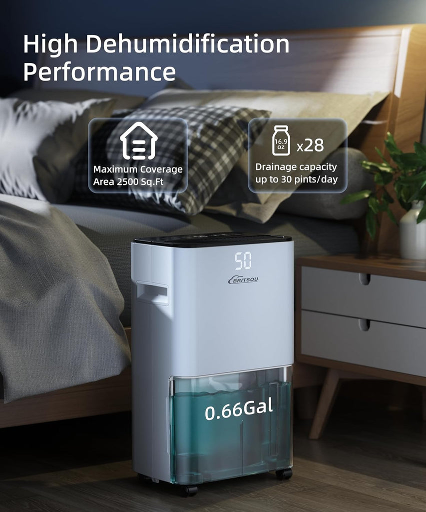 34 Pint Dehumidifier for Basement with Drain Hose & 0.66 Gallon Water Tank, Manual & Auto Drainage