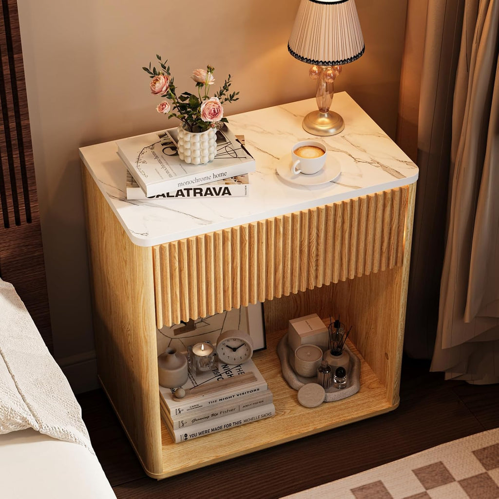 Modern Fluted Nightstand Set of 2 , Mid Century Bedside Table Set with Marble Top & Drawer, Wood End Table, 2