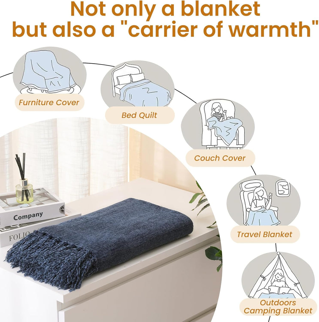 Navy Chenille Throw Blanket, Decorative Blanket,Navy 50" x 60"