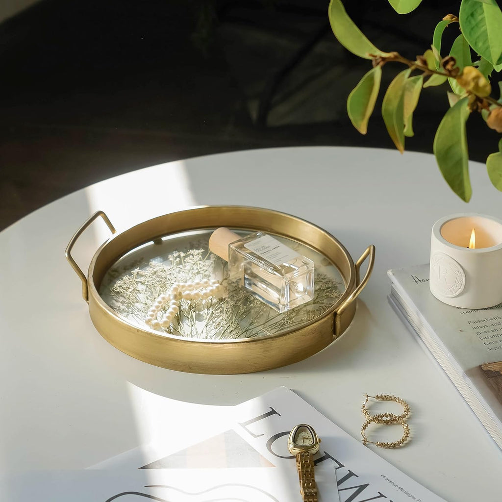 Decorative Tray with Natural Dried Botanical Grass, Round Gold Metal Frame, Mirror Glass Serving Tray, Vintage