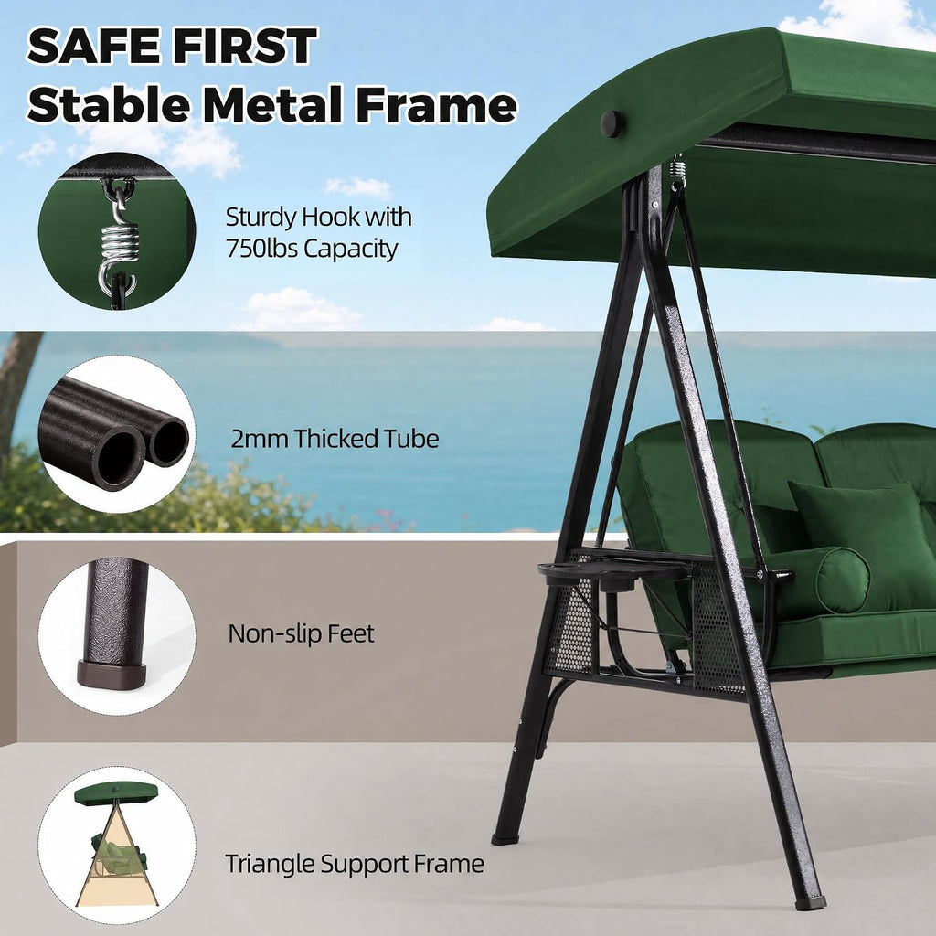 3 Person Patio Swing with Stand,3-in-1 Convertible Swing Bed,Adjustable Canopy,3.6" Thick Cushions,Side
