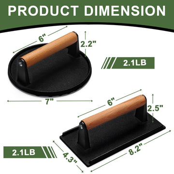 Burger Press, 7" Round & 8.2"X4.3" Rectangle Heavy-Duty Cast Iron Smash Bacon Press Meat Steak With Wood Handle for