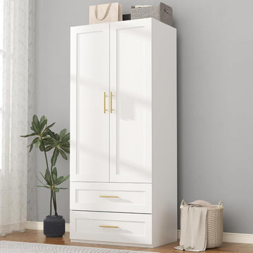 Armoire Wardrobe Closet with Drawers: 75" White Wardrobe Closet with 2 Doors and 2 Drawers, Wood Armoire Closets
