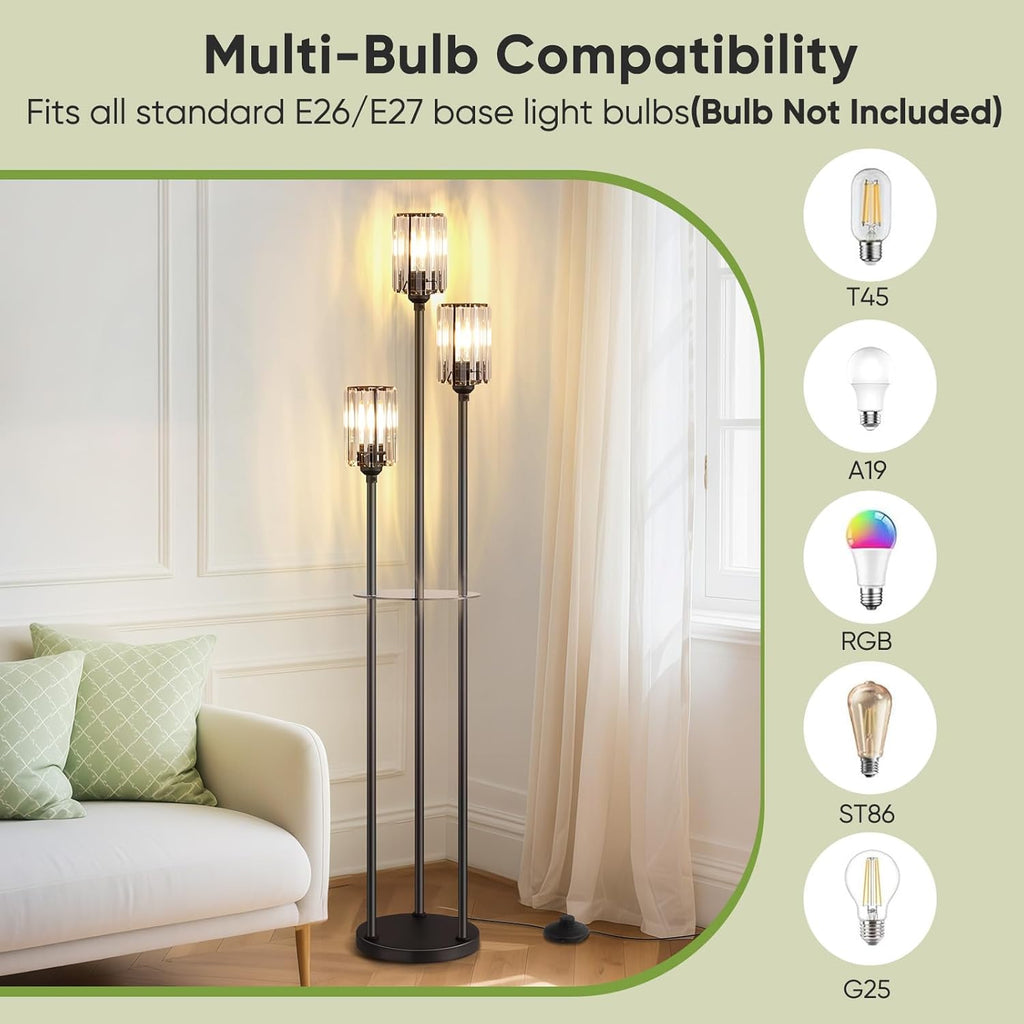 Crystal Floor Lamps, Glass Modern Floor Lamp with Shelves, Mid Century Standing Lamps with Table