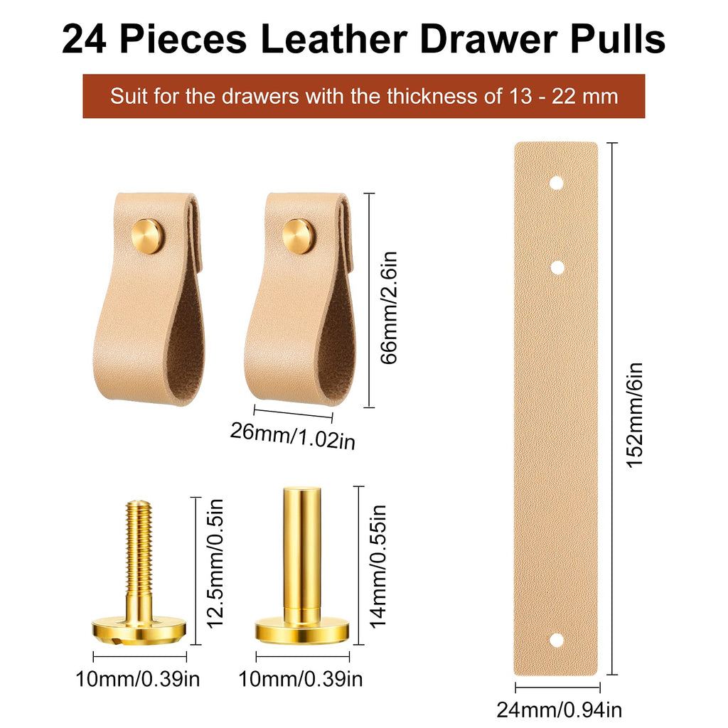 24 Pack Leather Drawer Pulls, Cabinet Handle with Screws, Light Brown