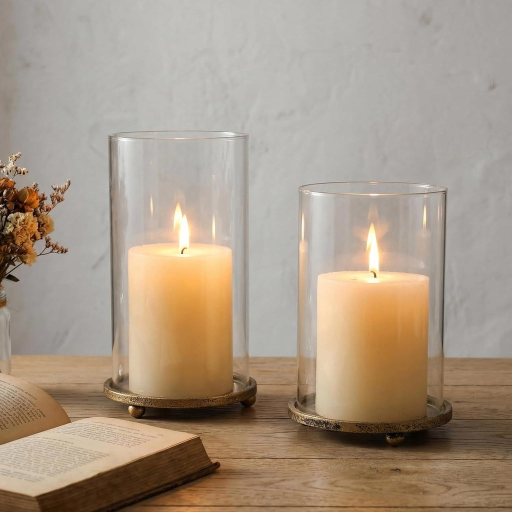 Hurricane Candle Holders Set of 2 - Pillar Candle Stands with Glass Sleeves for Fireplace Mantel & Dining Table