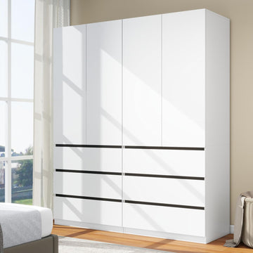 Bedroom Armoire Wardrobe Closet with 6 Drawers: White Wardrobe Closet with 4 Doors, Modern Cabinet for Clothes with