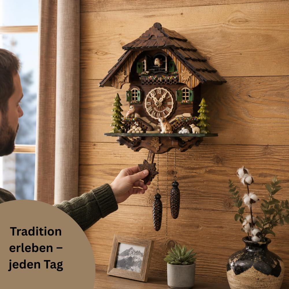 Saint Bernard Chalet Cuckoo Clock - 32 cm Quartz Clock, Traditional Black Forest House Design, Brown
