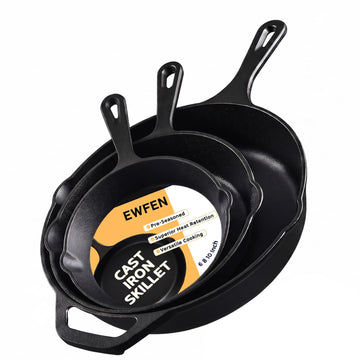 Cast Iron Skillet 3-Piece Set, Heavy-Duty Professional Restaurant Chef Quality Pre-Seasoned Pan Cookware Set, 6", 8"