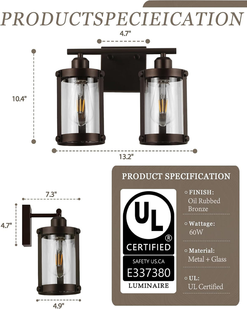 2-Light Oil Rubbed Bronze Bathroom Light Fixtures, 13.8 Inch Modern Bathroom Vanity Lighting Fixtures Over Mirror
