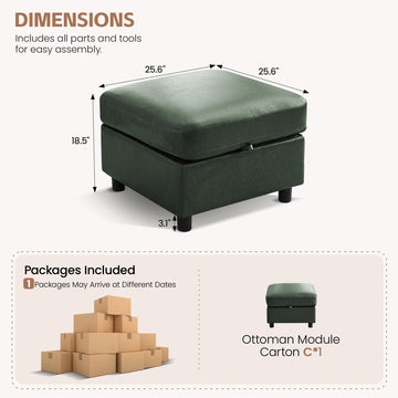 25" Faux Leather Square Storage Ottoman for Modular Sectional Sofa, Green