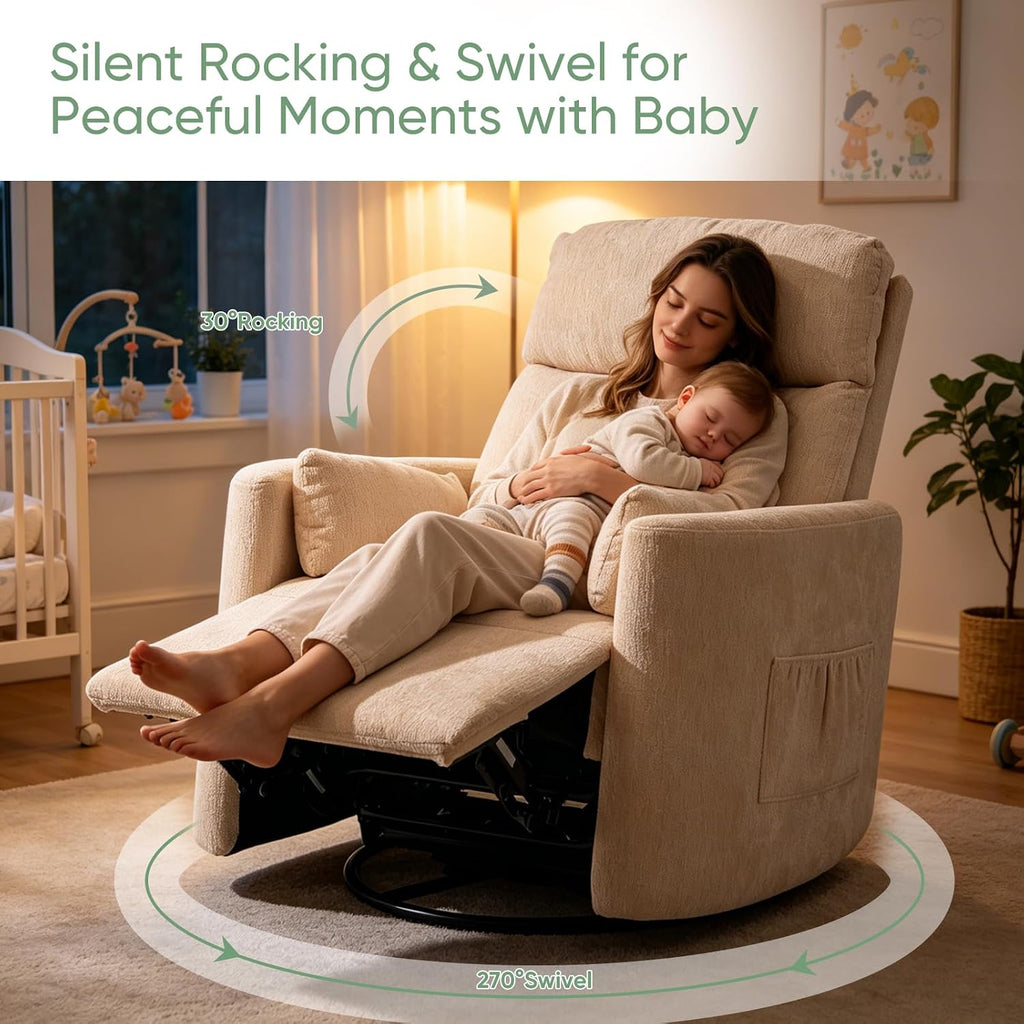 Oversized Swivel Rocker Recliner Chair with Heat and Massage, Rocking Chair Nursery with Adjustable Headrest, Manual
