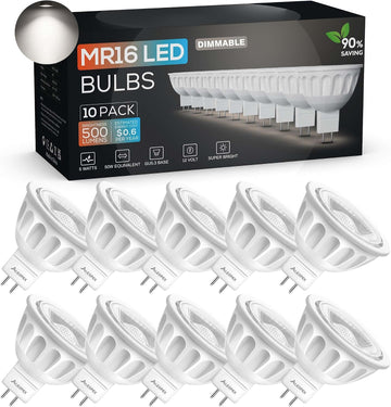 Dimmable MR16 LED Bulbs 10 Pack,5W 5000K Daylight 500LM (50W Equivalent) AC/DC 12V GU5.3 Bi-Pin Base 40° Beam Angle