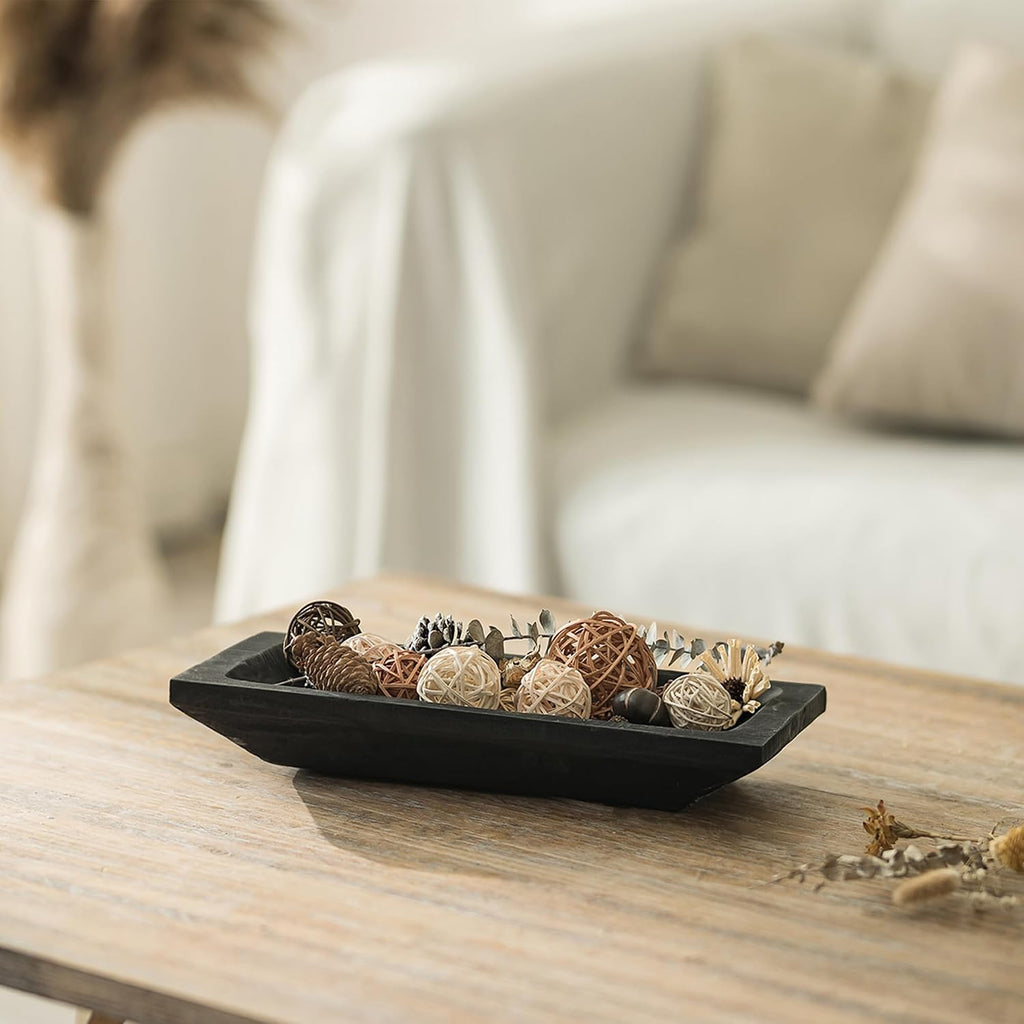 Wood Decorative Bowl for Coffee Table Entryway Decor, Rustic Black | 14.6 Farmhouse Mid Century Style, Potpourri Tray