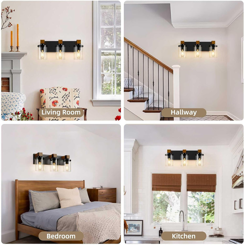 3-Light Farmhouse Bathroom Light Fixtures, Black Bathroom Vanity Light Fixtures Over Mirror, Rustic Sconces Wall