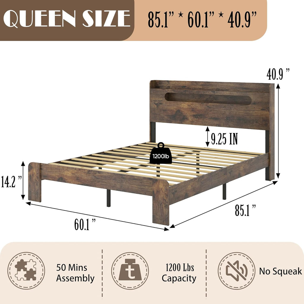 Wooden Queen Bed Frame with Storage Headboard, Farmhouse Platform Bedframe with Charging Station & Led Lights, Sturdy