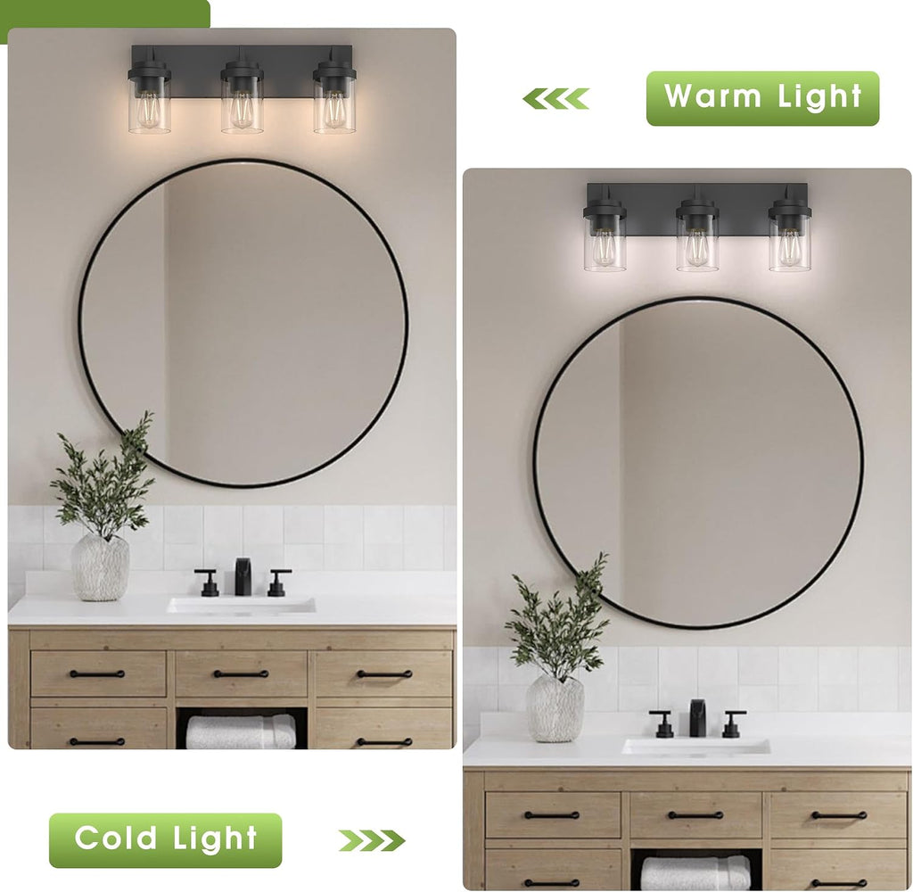 Bathroom Vanity Light, 3 Light Matte Black Vanity Lights with Clear Glass Shade, 22in Modern Wall Sconces, Bathroom