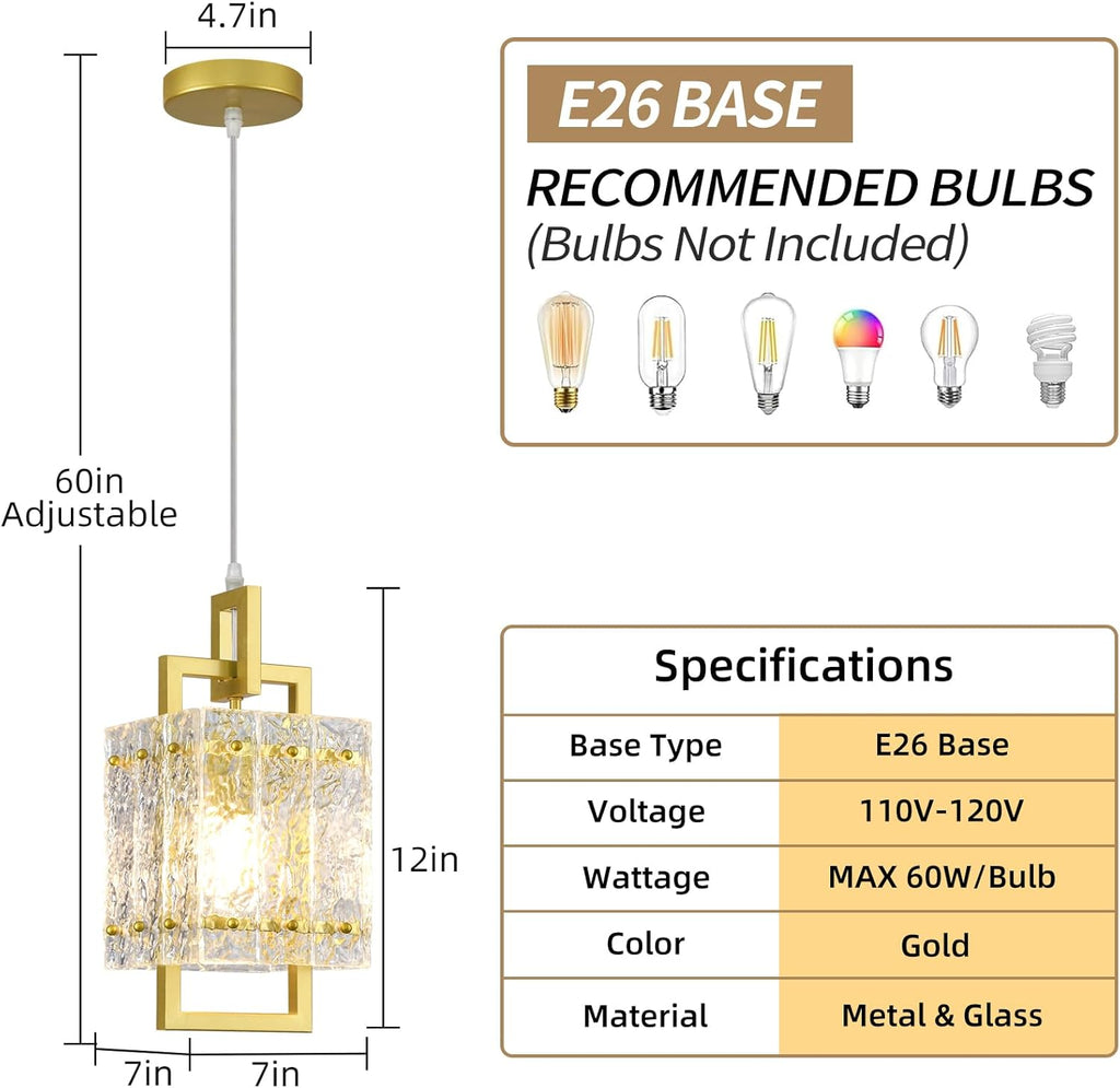 Gold Pendant Light Fixture - Modern Kitchen Island Water Ripple Glass Square Light - Adjustable Hanging Lighting for Kitchen Dining Room Over Island - 1 Pack