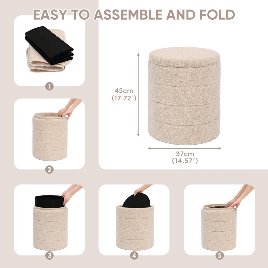 Compact Round Folding Storage Ottoman, Beige Boucle Footstool