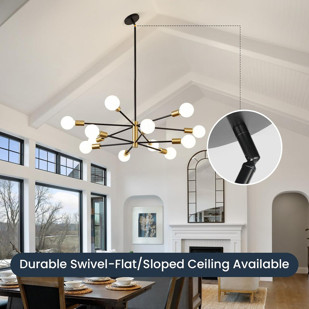 Modern Chandelier Ceiling Light Fixture - 33.4" 12-Light Gold and Black Sputnik Chandeliers, Height Adjustable