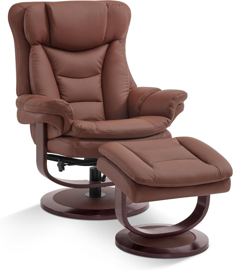 Modern Reclining Swivel Lounge Chair and Ottoman — Brown Faux Leather