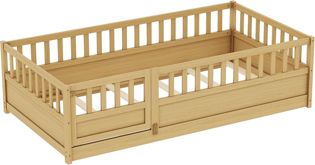 Twin Size Floor Bed with Fence and Door, Montessori Floor Bed with Slats, Twin Size Montessori Beds for Kids, Girls