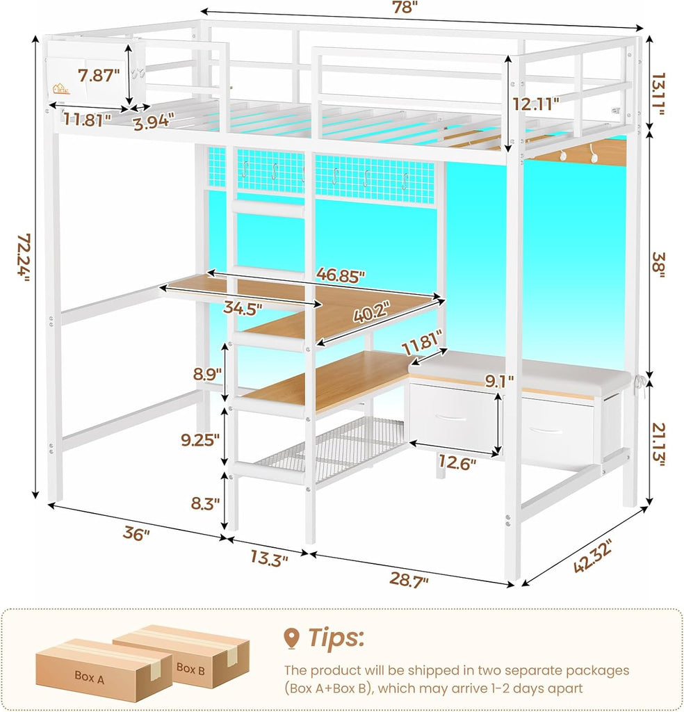 Twin Loft Bed with L-Shaped Desk, Storage Shelves and Charging Station Twin Metal Loft Bed with LED Lights and Coat
