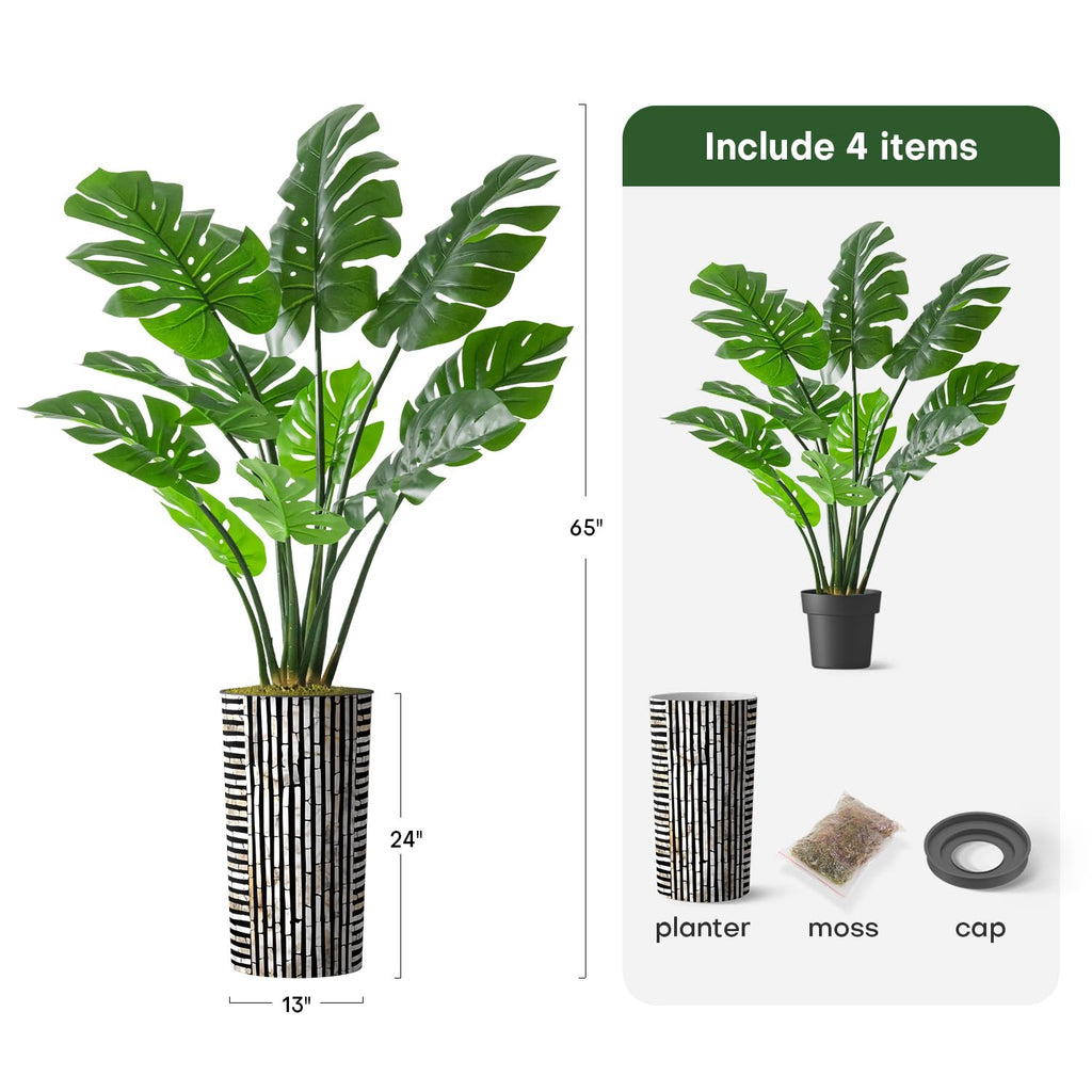 Artificial Tree in Black and Brown Striped Planter, Fake Monstera Silk Tree for Indoor and Outdoor Home Decoration