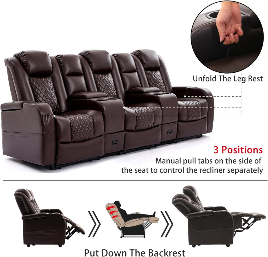 Home Theater Seating, Recliner Sofa PU Leather with Central Console and 3 Pillows